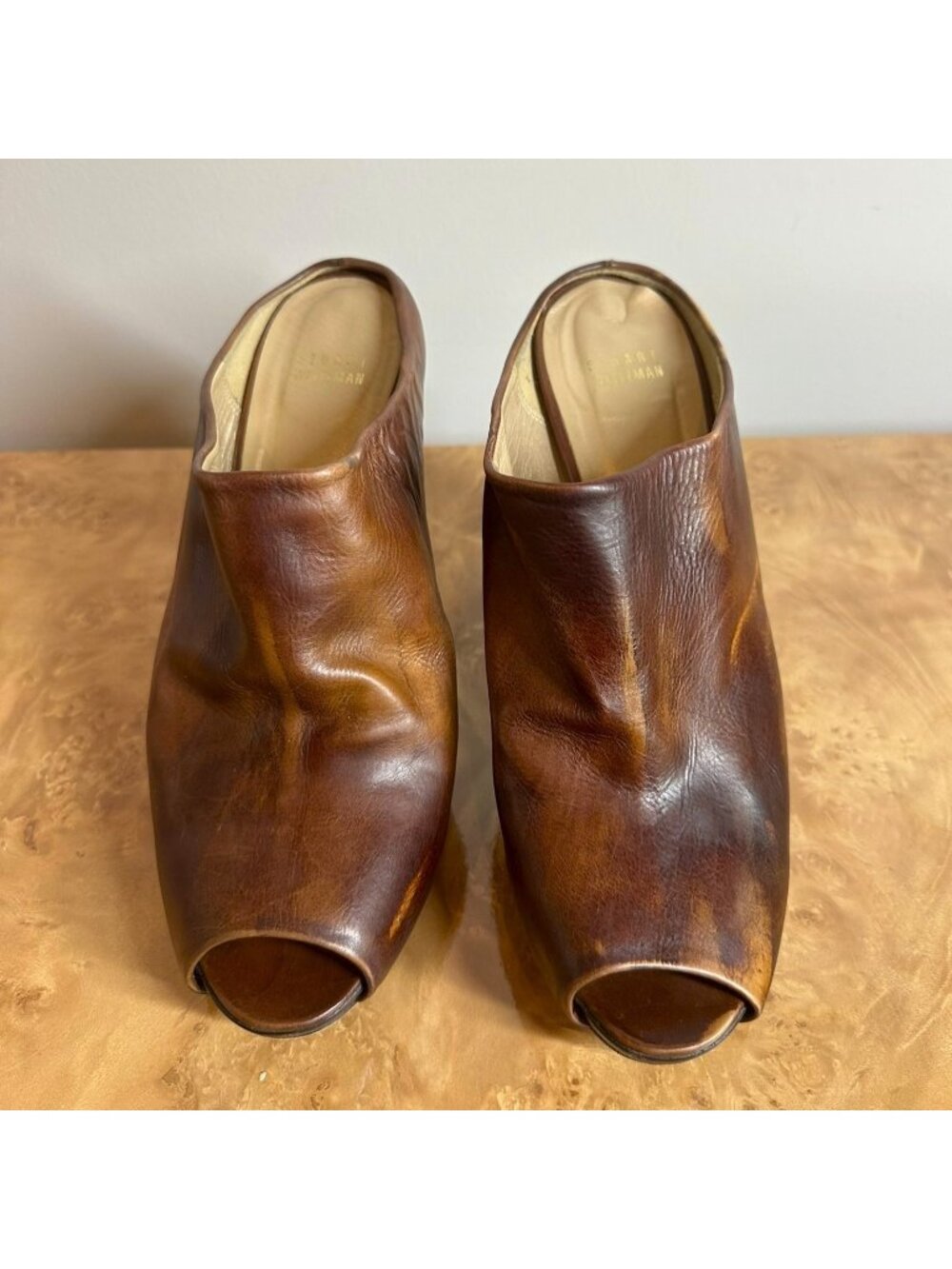 Stuart Weitzman Distressed Brown Leather Peep Toe Mules Size 41 Y2K High Heel - Picture 2 of 9